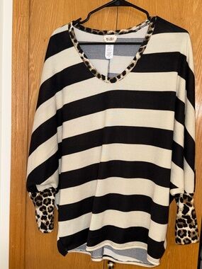 BaBi Striped Black and Cream Top with Leopard Trim